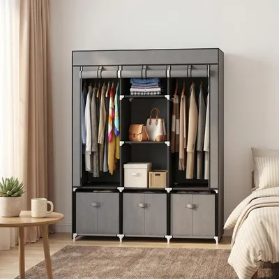 Produktbild von Sweiko Stoffschrank aus Vlies, Faltschrank, inkl. 3 Schubladen, 125 cm x 43 cm x 162,5 cm, Grau