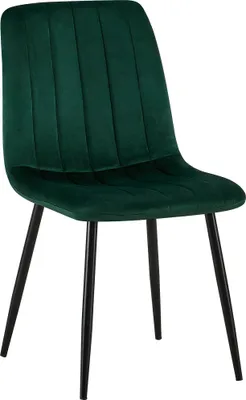A green velvet dining chair with black metal legs, presented in a studio setting.