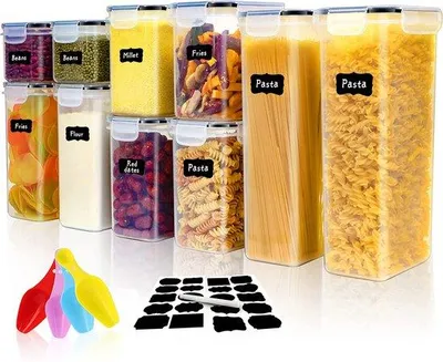 Immagine prodotto di Set di contenitori per alimenti Unyqoos® da 10 pezzi – Contenitori per la conservazione degli alimenti: 4 da 2,8 L, 2 da 2 L, 2 da 1,4 L, 2 da 0,8 L, privi di BPA, con guarnizione in silicone, misurino e etichette