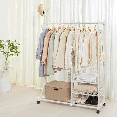 Produktbild von Yorbay Kleiderständer Bambus Garderobenständer mit Kleiderstange und Ablagen, Garderobenständer Garderobe Ständer mit Schuhregal,100 x 38 x 176cm