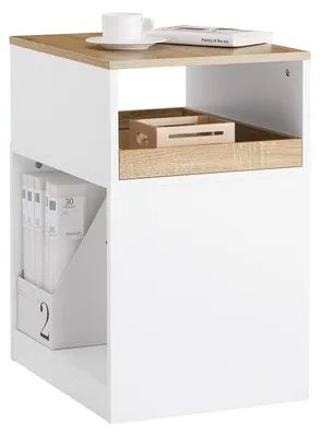 Imagen del producto de Mesa para impresora con ruedas, color blanco, 40x65x50 cm, de madera. Archivador para oficina