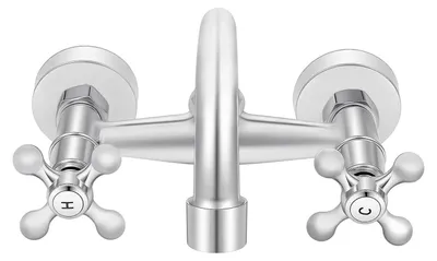 Image de Robinet mural - Robinet à deux poignées - Laiton massif - Bec en forme de U pivotant à 360° - Cartouche en cuivre - Mitigeur eau chaude/eau froide - Pour cuisine/salle de bains/lavabo - Argent
