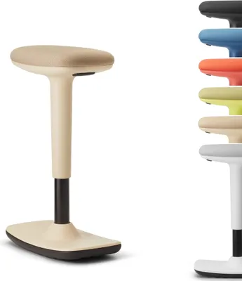 A single stool is shown on the left, and a stack of stools in various colors is shown on the right.