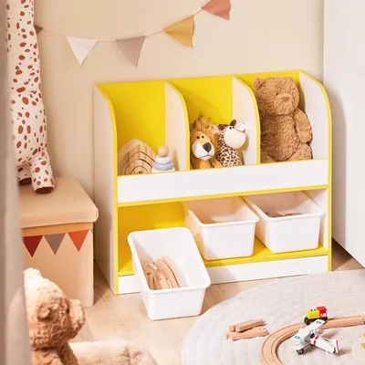 Produktbild von SoBuy Bücherregal Kinderzimmer mit 3 Körben & Fächern, Kinder Bücherregal & Spielzeugaufbewahrung, Gold-Weiß 70x58x30cm KMB107-G