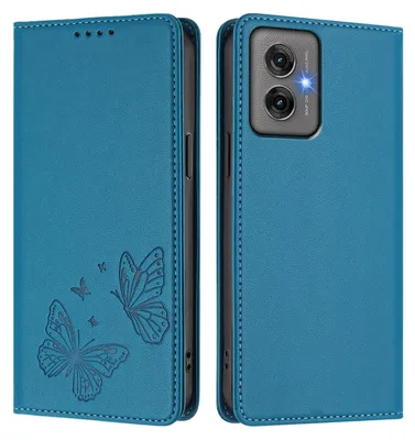 Produktbild von Lederhülle für Motorola Moto G55, Schmetterling Prägung Leder Brieftasche Schutzhülle mit Ständer Blau