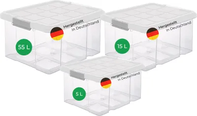 Produktbild von Novaliv 3 tlg Sparset Aufbewahrungsbox mit Deckel Transparent 1x 55 L + 1x 15 L + 1x 5 L Nestbar stapelbar Clipverschluss Rollboxen BPA-frei