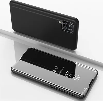 A black smartphone case with a clear view flip cover is shown, with the phone displaying the time and date.