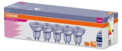 Immagine prodotto di Confezione da 5 lampade LED Osram PAR16 con vetro e riflettore, 4,5W = 50W, attacco GU10, 350 lumen, luce bianca neutra 4000K, angolo di emissione 36°, indice di resa cromatica (Ra) > 90, dimmerabili. #1