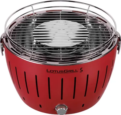 A red LotusGrill S charcoal grill is shown against a white background.