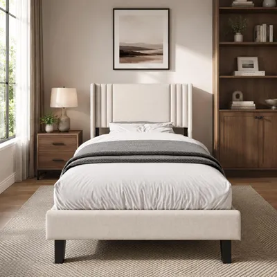 Immagine prodotto di Struttura letto INONEFT, 90x200 cm, letto imbottito con spazio contenitore sotto il letto, letto per bambini/ragazzi con testiera e rete a doghe, senza materasso, colore beige, Immagine generata dall'IA