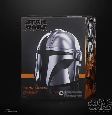 The image shows the packaging of a Star Wars The Mandalorian electronic helmet.