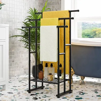 Productafbeelding van Unyqoos® Vrijstaande handdoekhouder van staal – 3 stevige stangen (elk 20 kg draagvermogen), 102×67×31,5 cm, roestbestendig, geschikt voor badkamer, keuken en balkon