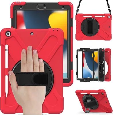 Produktbild von Mobigear SureGrip XGuard iPad 9 (2021) Hülle Kunststoff,Silikon Backcover + Stifthalter + Schulterträger + Ständer - Rot