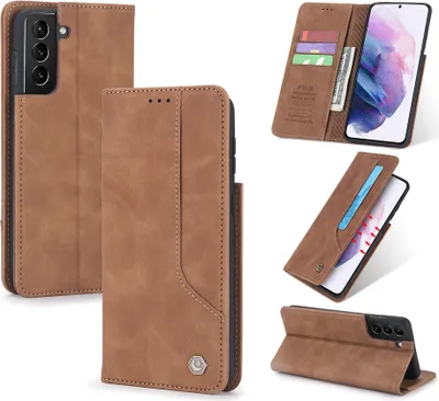 Produktbild von Galaxy S21 Ultra Hülle, LaimTop Retro Kunstledertasche Schutzhülle mit Kartenfach Standfunktion für Samsung Galaxy S21 Ultra 5G Braun