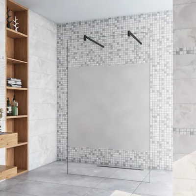Produktbild von 107.7x200cm+ mit 2  90cm Schwarz Stabilisator 8mm Nano Sicherheitsglas Walk in Milchglas Streifen Duschwand Duschabtrennung