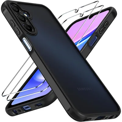 Immagine prodotto di Custodia protettiva con 2 protezioni in vetro temperato per Samsung Galaxy A15 4G/5G, colore nero, opaca e traslucida, resistente agli urti
