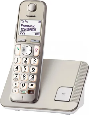 A cordless phone and its charging base are shown against a white background.