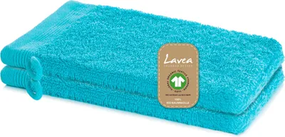 Produktbild von Lavea® 2er Set Waschlappen 16x22 cm, Waschhandschuhe Bali aus Baumwolle Frottee, für Gesicht & Körper, 100% GOTS Baumwolle, Türkis