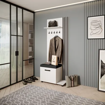 Produktbild von Garderobenschrank LIVIA - Hochschrank mit Aufhängern, Schuhschrank, Weiß, Lamellen in Schwarz, Sitzkissen in Schwarz, Rechts