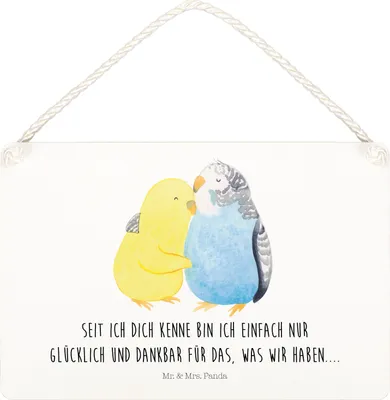 Produktbild von Mr. & Mrs. Panda holzbild Wellensittich Liebe DIN A4 - Weiß - Geschenk, Kuscheln, Holzschild, kleine aufmerksamkeit, wandtafel, Verknallt, Schild, Türschild, Freundin