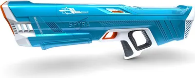 A blue and white Spyra water gun is shown against a white background.
