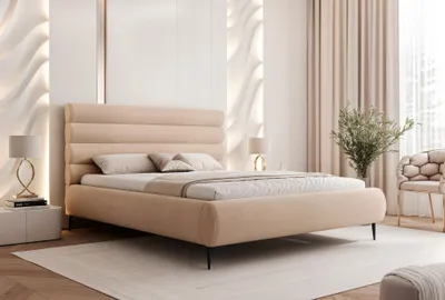 Zdjęcie produktu dla BESILIO Stylowe łóżko z pojemnikiem 120x200 Marbella II- łóżko tapicerowane na wysokich nogach, stelaż drewniany - Beżowe