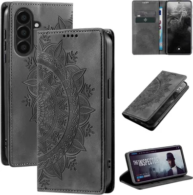 A collage of images showing a black mandala-patterned flip phone case for a Samsung Galaxy A56 5G, with different views and a demonstration of its stand function.