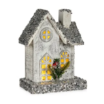 Obrázek produktu pro Dekorativní figurka Vánoční třpytivý LED světelný domeček 19,5 x 25 x 9 cm šedá dřevo bílá