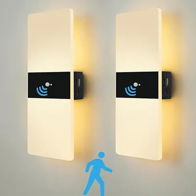 Produktbild von 2er Akku Wandleuchte innen LED Wandlampe,mit Bewegungsmelder, USB Aufladbar Ohne Stromanschluss Kabellose Wandleuchte 4000mAh Batterie