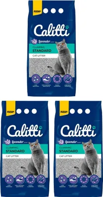 A collage of three bags of Calitti cat litter.