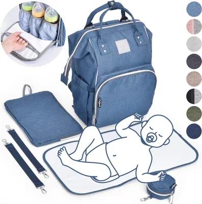 Produktbild von Daliya® PAKMI Wickelrucksack mit Schnullertasche & Wickelunterlage & Wickelunterlagentasche & Schlüsselanhänger - Wickeltasche Mamabag Tasche Rucksack mit viel Stauraum  - Jeansblau