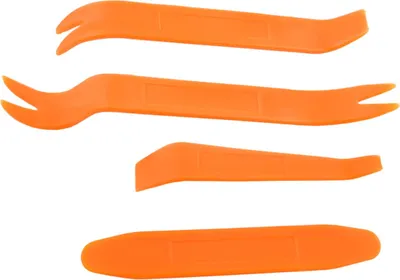 A set of four orange plastic trim removal tools arranged vertically against a white background.