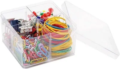 Produktbild von Famanu Büroaccessoireset 4-in-1 mit bunten Reißzwecken, Binderclips, Büroklammern und Gummibändern
