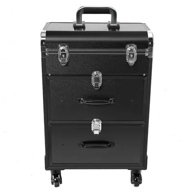 Immagine prodotto di Valigia trolley professionale per trucco - Valigia per cosmetici con ruote - Ampia capienza 36–55 l - Telaio in alluminio - Pannello in plastica ignifuga - 36×23×58 cm - Nero