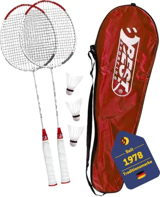 Produktbild von Best Sporting Badminton Schläger Set 260 XT mit Bällen I 2 Federballschläger mit 3 Federbällen I Leichte Badmintonschläger 108 g I Federball Schläger mit Lawntex Saiten I inkl. Tragetasche