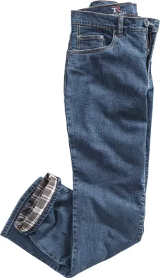 A pair of folded blue jeans with a plaid lining visible at the cuff.
