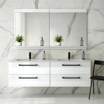 Produktbild von Waschtisch mit Unterschrank ONE 120 cm 4 Schubladen Weiß Hochglanz hängend Badmöbel Badezimmer