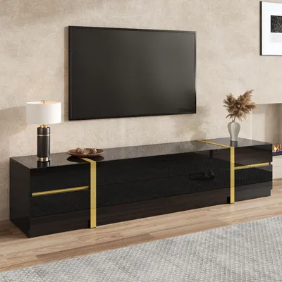Produktbild von Merax Luxus-TV-Schrank mit Goldkanten, TV-Lowboard mit 4 Schubladen und 2 Türen, Moderner Stil TV-Möbel für Wohnzimmer, Hochglanz Schwarz