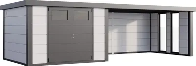 Produktbild von Telluria Metallgerätehaus Classico 3030 mit Lounge Anbau (ca. 450 cm Breite) inkl. 2 Fenstern weiß Lounge-Anbau rechts