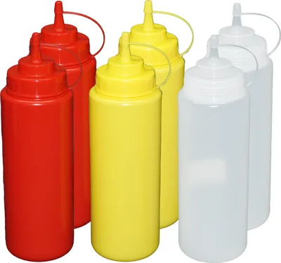 Produktbild von Je 2 Stück rot, gelb,transparente Quetschflaschen 1 Liter Dosierflasche Spenderflasche Dressingflasche