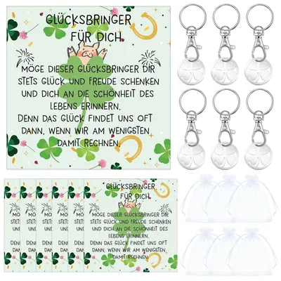 Produktbild von Omgoods – Glücksbringer-Schlüsselanhänger – Glücksbringer-Grußkarten – Glücksbringer-Geschenkartikel – Einkaufswagenchips – Kleeblatt – Symbol für Freundschaft – Glücksbringer