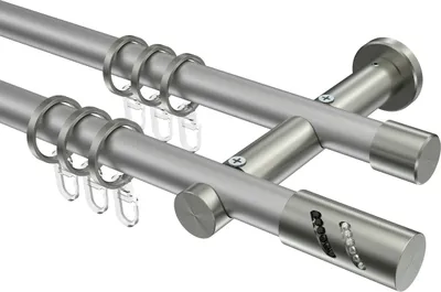 Produktbild von Interdeco Gardinenstange / Vorhangstange Silbergrau / Edelstahl-Optik, Typ Platon Zoena (Glitzerzylinder), 20 mm Ø 2-läufig, 480 cm
