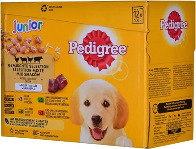 Produktbild von PEDIGREE® Portionsbeutel Multipack Junior 4 Varietäten in Gelee mit Huhn, Rind+Leber, Geflügel, Lamm+Leber 12 x 100g
