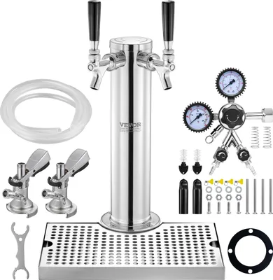 Produktbild von VEVOR kegerator tower kit, súprava na konverziu piva s dvoma pivnými kohútikmi, výčapný stojan na pivo z nehrdzavejúcej ocele s dvojitým meracím zariadením W21.8 regulátorom a spojkou na keg A-systému, podnos na odkvapkávanie piva pre domáce párty