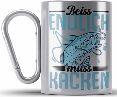 Produktbild von Trendation - Angler Fischer Edelstahl Tasse Karabiner Geschenk Raubfische Hobbyangler Hecht Forelle Barsch Angeln Karabiner Edelstahl Tasse Karabiner Edelstahl Zubehör Beiss Endlich Muss Kaken (Silber)