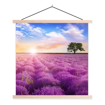 Produktbild von MuchoWow® Textilposter Lavendel - Baum - Sonnenuntergang - Lila 120x120 cm mit holzfarbenen Rahmen - Textil-Poster