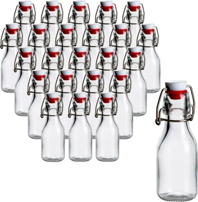 Produktbild von gouveo 24er Set Glasflaschen 100 ml rund mit Bügelverschluss rot - Kleine Bügelflasche 0,1 l zum Befüllen - Bügelverschlussflasche, Likörflasche, Schnapsflasche, Deko-Flasche