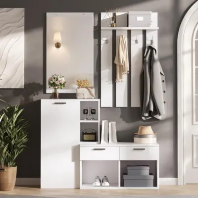 Produktbild von Garderobe im Flur,Garderobenständer für den Eingangsbereich, inklusive Schuhschrank, Spiegel und Kleiderhaken, Kompaktgarderobe mit 2 Schubladen