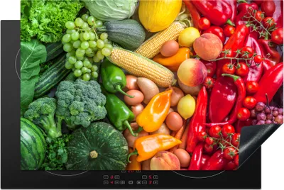 Produktbild von KitchenYeah© Herdabdeckplatte Obst - Gemüse - Regenbogen , 81x52cm, Küche Deko, Glaskeramikkochfeld Herdabdeckung, Abdeckplatte fùr Kochfeld