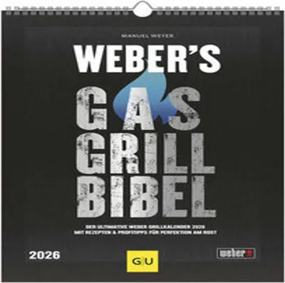 The image is the cover of a calendar titled "Weber's Gasgrillbibel 2026". It features large, distressed text and a blue flame graphic.